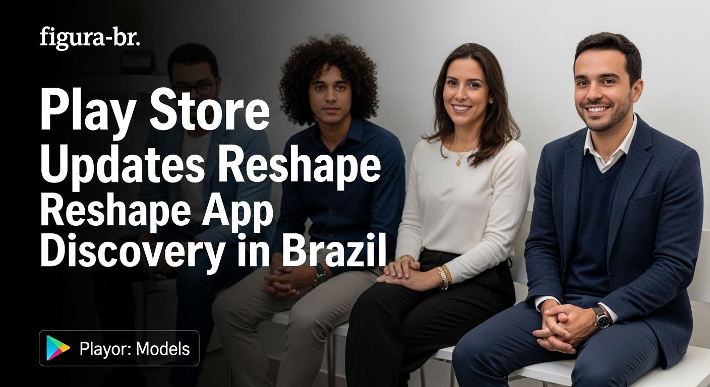 Brazilian models in a studio with Play Store previews on screens