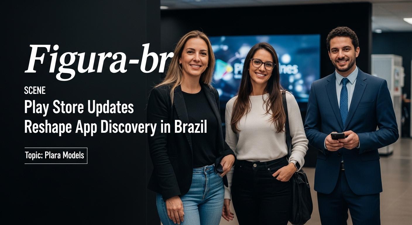 Brazilian models in a studio with Play Store previews on screens