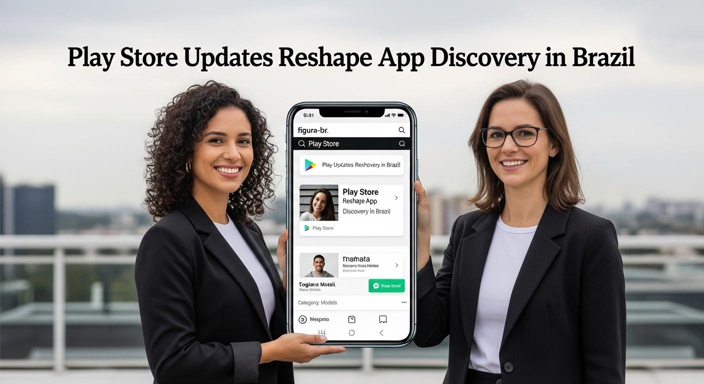 Brazilian models in a studio with Play Store previews on screens