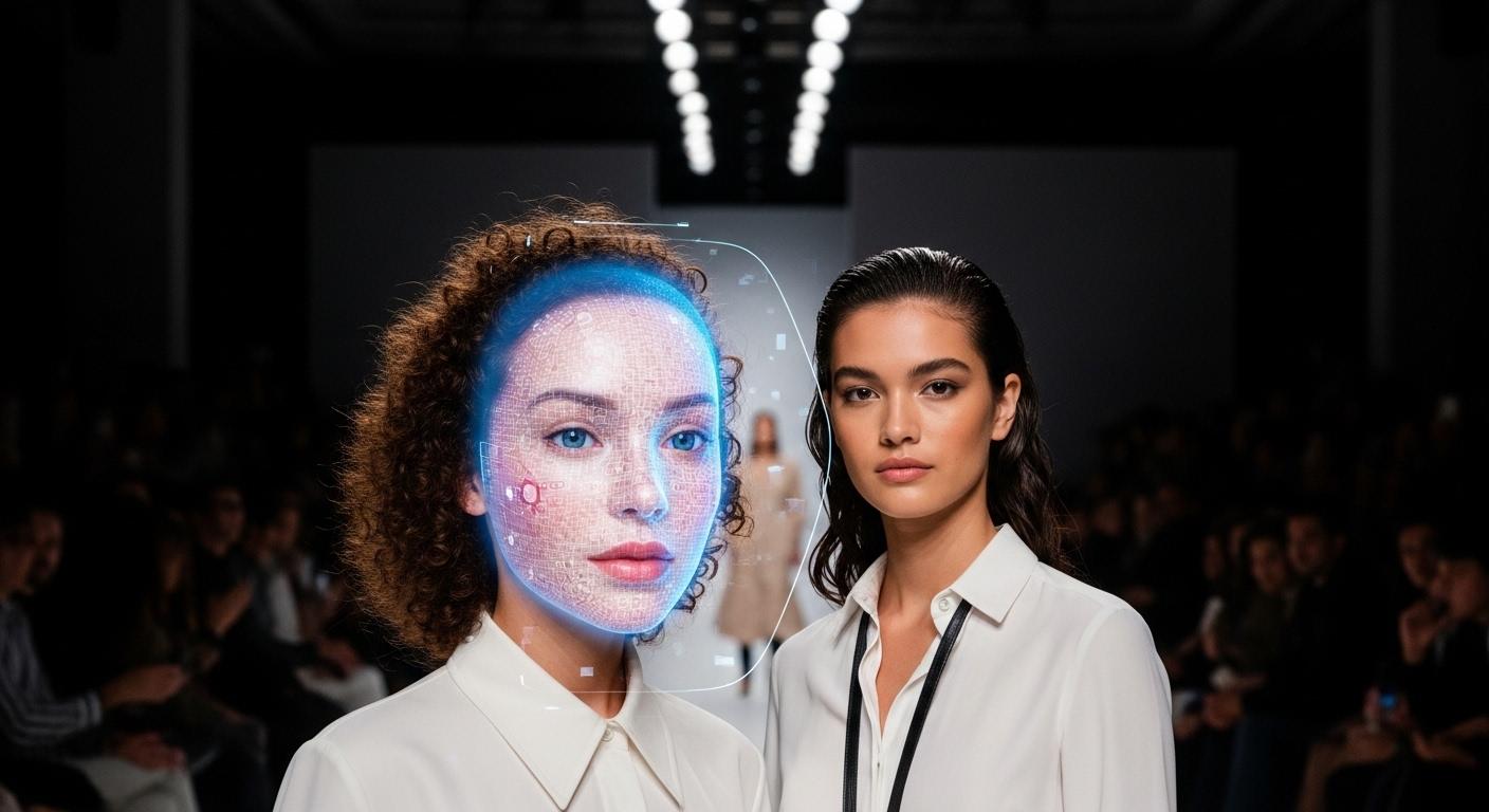 Brazilian fashion models with an AI-generated face displayed on a screen in a studio.