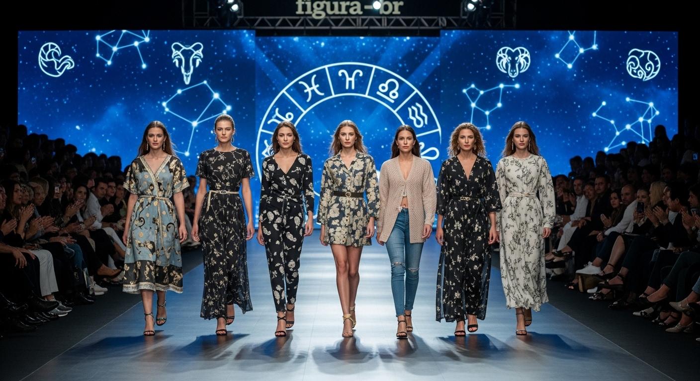 Runway models in zodiac-inspired fashion with celestial visuals emphasizing horóscopo signos.