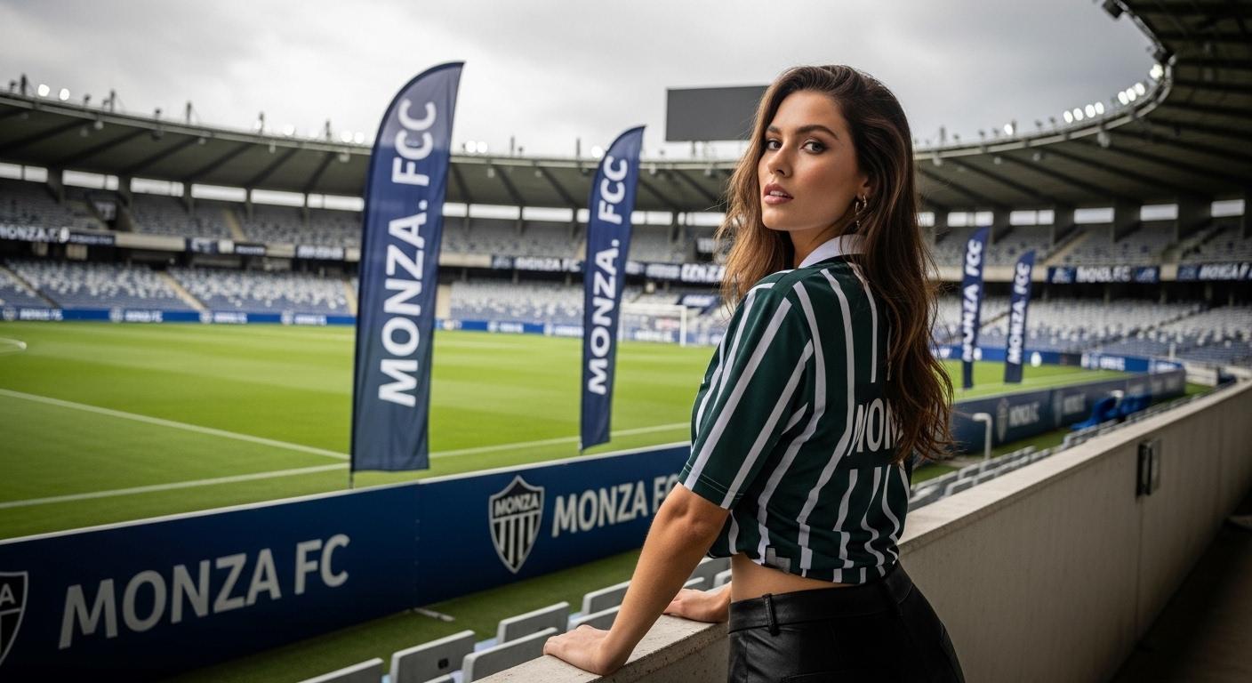 Model with Monza FC branding at a Brazilian stadium